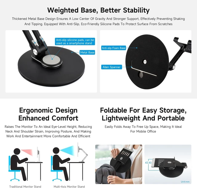 Alt view image 4 of 5 - Waveshare Portable Monitor Adjustable Stand, Compatible with 4~18.5inch Monitors, Supports Multi-axis Rotation, Weighted Base and Ergonomic Design, Foldable for Easy Storage