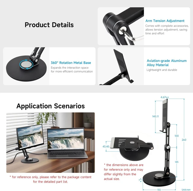 Alt view image 5 of 5 - Waveshare Portable Monitor Adjustable Stand, Compatible with 4~18.5inch Monitors, Supports Multi-axis Rotation, Weighted Base and Ergonomic Design, Foldable for Easy Storage