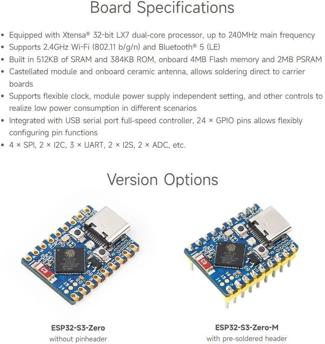 Alt view image 4 of 7 - Waveshare 2PCS ESP32-S3 Mini Development Board, Based On ESP32-S3FH4R2 Dual-Core Processor, 240MHz Running Frequency, 2.4GHz Wi-Fi & BLE 5, with Pre-soldered Header
