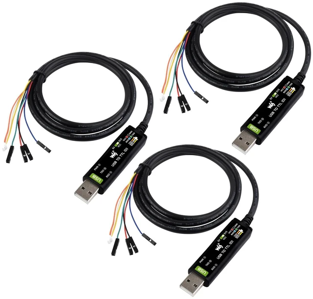 Main image of waveshare 3PCS Industrial USB to TTL (D) Serial Cable, Compatible with Raspberry Pi 5, Original FT232RNL Chip, Multi Protection Circuits, with Separated 4pin Header + SH1.0 3PIN Connector