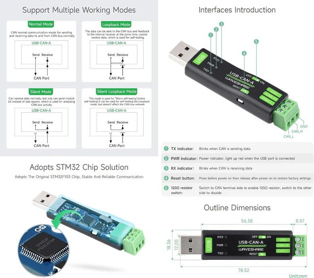 Alt view image 6 of 7 - Waveshare 3PCS USB to CAN Adapter Model A, STM32 Chip Solution, Multiple Working Modes, Multi-System Compatible