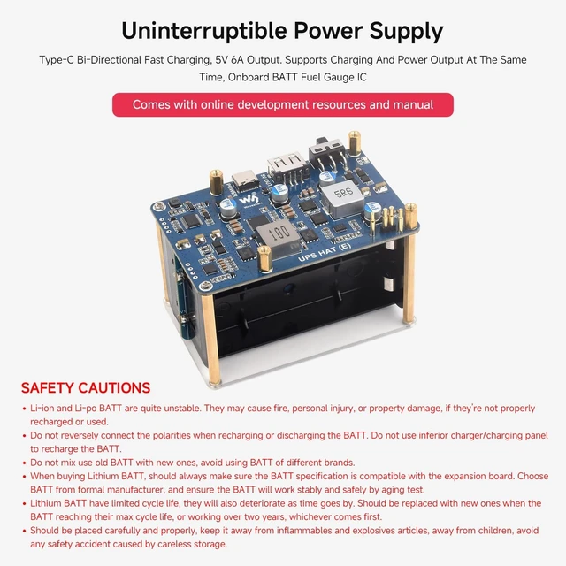 Alt view image 3 of 7 - Waveshare UPS HAT (E), Compatible with Raspberry Pi 5/4B/3B+, Bi-Directional Fast Charging, 5V 6A Output, Pogo Pins Connector