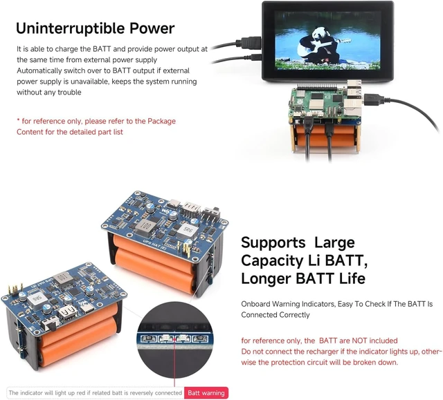 Alt view image 5 of 7 - Waveshare UPS HAT (E), Compatible with Raspberry Pi 5/4B/3B+, Bi-Directional Fast Charging, 5V 6A Output, Pogo Pins Connector