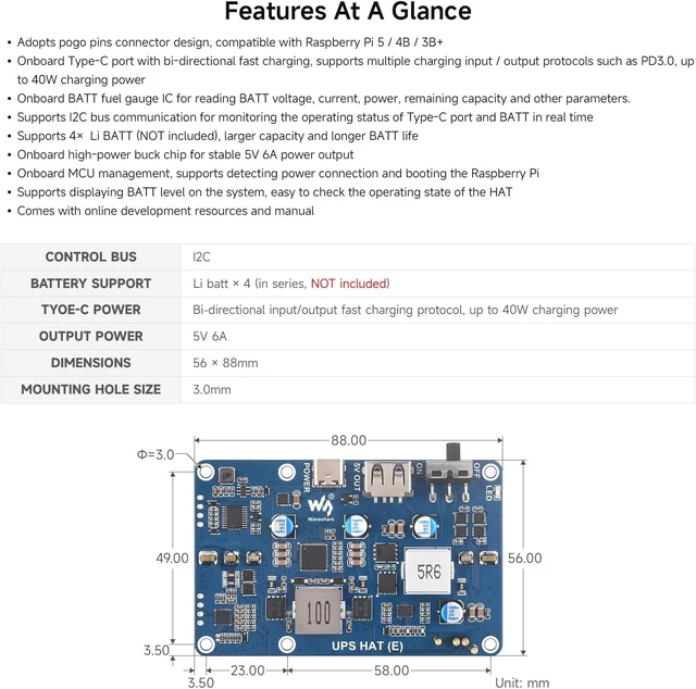 Alt view image 4 of 7 - Waveshare UPS HAT (E), Compatible with Raspberry Pi 5/4B/3B+, Bi-Directional Fast Charging, 5V 6A Output, Pogo Pins Connector