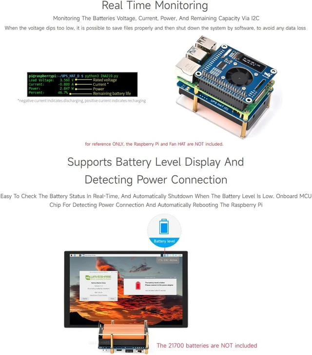Alt view image 7 of 7 - Waveshare 2PCS PS HAT (D) for Raspberry Pi, Supports 21700 Li Battery (NOT Included), 5V Uninterruptible Power Supply, Pogo Pins Connector, Supports Charging and Power Output At The Same Time