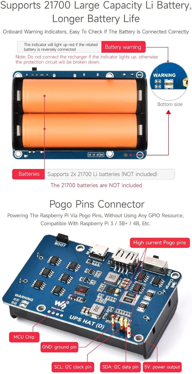 Alt view image 6 of 7 - Waveshare 2PCS PS HAT (D) for Raspberry Pi, Supports 21700 Li Battery (NOT Included), 5V Uninterruptible Power Supply, Pogo Pins Connector, Supports Charging and Power Output At The Same Time