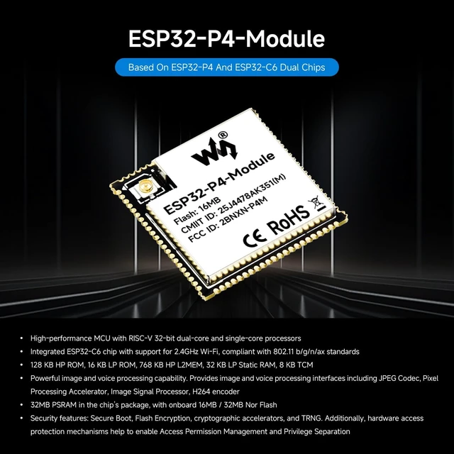 Alt view image 3 of 6 - Waveshare ESP32-P4-Module Core Board, Based On ESP32-P4 and ESP32-C6 Dual-Chip Design, Supports 2.4GHz Wi-Fi and Bluetooth 5.3