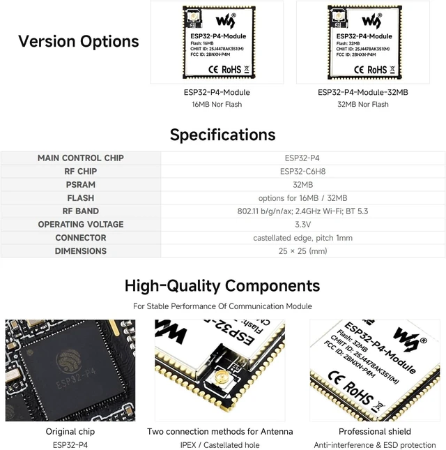 Alt view image 4 of 6 - Waveshare ESP32-P4-Module Core Board, Based On ESP32-P4 and ESP32-C6 Dual-Chip Design, Supports 2.4GHz Wi-Fi and Bluetooth 5.3