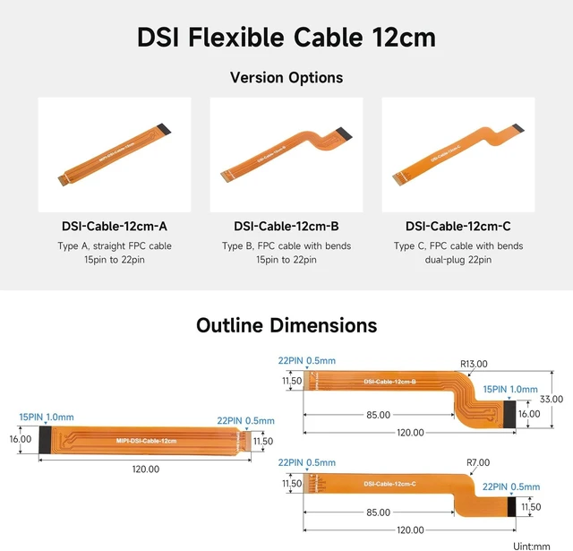Alt view image 3 of 5 - Waveshare 2PCS DSI 12cm FPC Flexible Cable, Type B, FPC Cable with Bends, 15pin to 22pin
