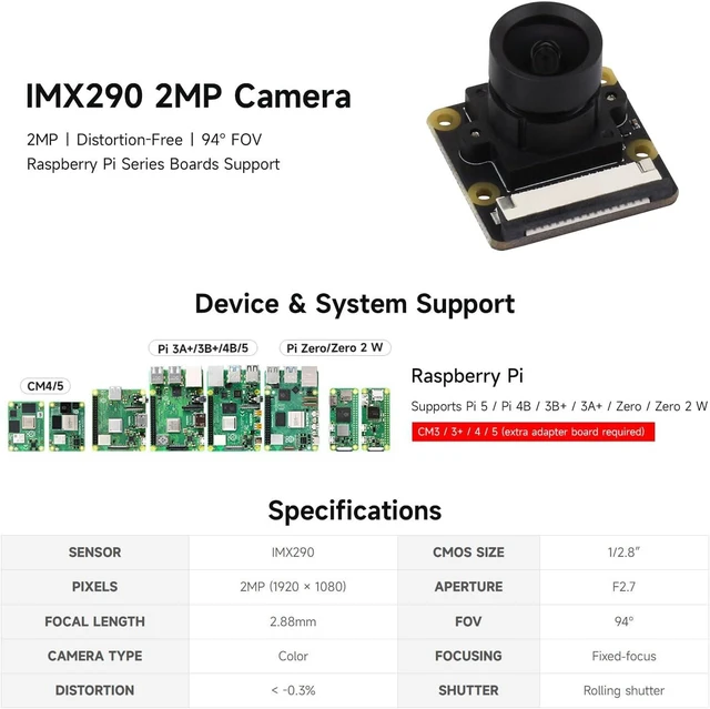 Alt view image 3 of 5 - Waveshare IMX290 2MP Camera Module (A), IMX290 Sensor chip, Better Sensitivity in Low-Light Condition, Distortion-Free, Compatible with Raspberry Pi Series Boards