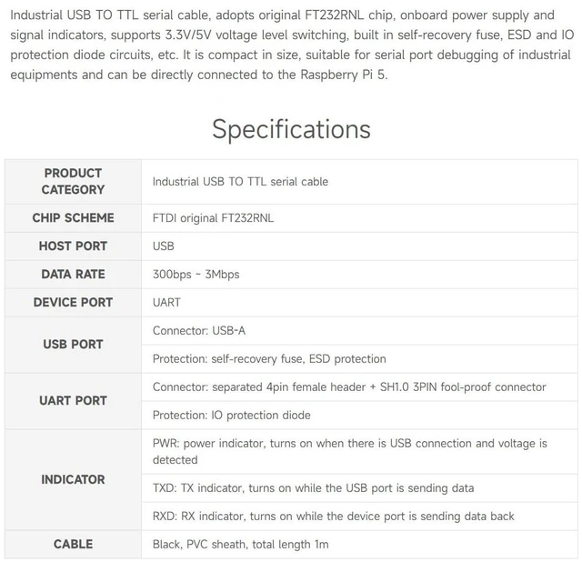Alt view image 4 of 7 - waveshare 2PCS Industrial USB to TTL (D) Serial Cable, Compatible with Raspberry Pi 5, Original FT232RNL Chip, Multi Protection Circuits, with Separated 4pin Header + SH1.0 3PIN Connector