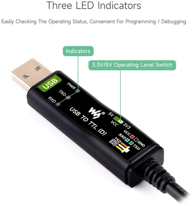 Alt view image 7 of 7 - waveshare 2PCS Industrial USB to TTL (D) Serial Cable, Compatible with Raspberry Pi 5, Original FT232RNL Chip, Multi Protection Circuits, with Separated 4pin Header + SH1.0 3PIN Connector