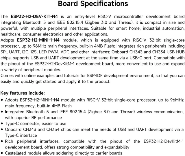 Alt view image 4 of 7 - Waveshare ESP32-H2 Microcontroller, 96MHz Processor, ESP32-H2-MINI-1-N4 Module, Built in 4MB Flash, Supports BLE/Zigbee/Thread Wireless Communication Standard Version