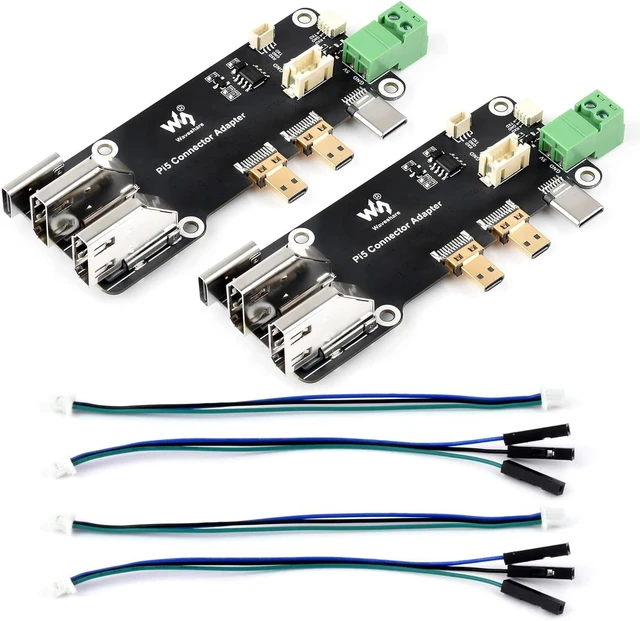 Main image of waveshare 2PCS Micro HDMI to HDMI Multifunctional Adapter, Compatible with Raspberry Pi 5/4B, Dual 4K Outputs, Power Via Type-C Port or Screw Terminal