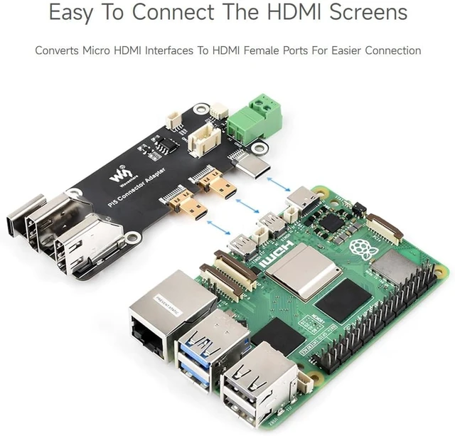 Alt view image 4 of 7 - waveshare 2PCS Micro HDMI to HDMI Multifunctional Adapter, Compatible with Raspberry Pi 5/4B, Dual 4K Outputs, Power Via Type-C Port or Screw Terminal