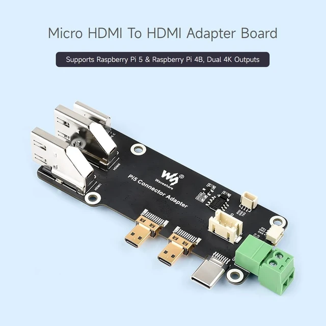 Alt view image 3 of 7 - waveshare 2PCS Micro HDMI to HDMI Multifunctional Adapter, Compatible with Raspberry Pi 5/4B, Dual 4K Outputs, Power Via Type-C Port or Screw Terminal