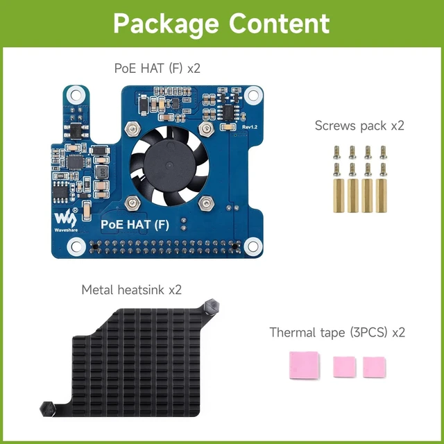 Alt view image 2 of 7 - waveshare 3PCS PoE HAT (F) Compatible with Raspberry Pi 5, High Power, Onboard Cooling Fan, with Metal Heatsink, Supports 802.3af/At Network Standard