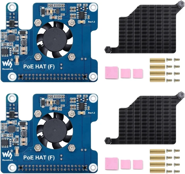 Main image of waveshare 3PCS PoE HAT (F) Compatible with Raspberry Pi 5, High Power, Onboard Cooling Fan, with Metal Heatsink, Supports 802.3af/At Network Standard