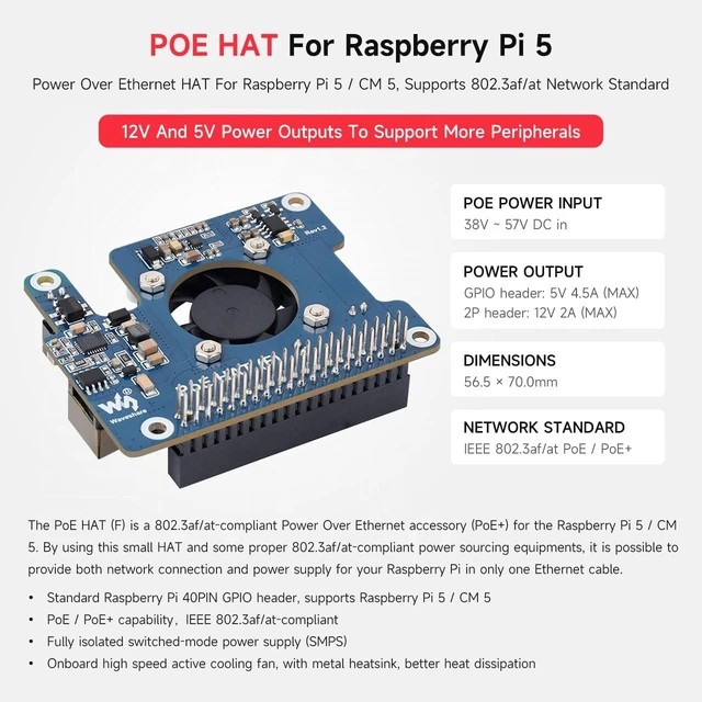 Alt view image 3 of 7 - waveshare 3PCS PoE HAT (F) Compatible with Raspberry Pi 5, High Power, Onboard Cooling Fan, with Metal Heatsink, Supports 802.3af/At Network Standard