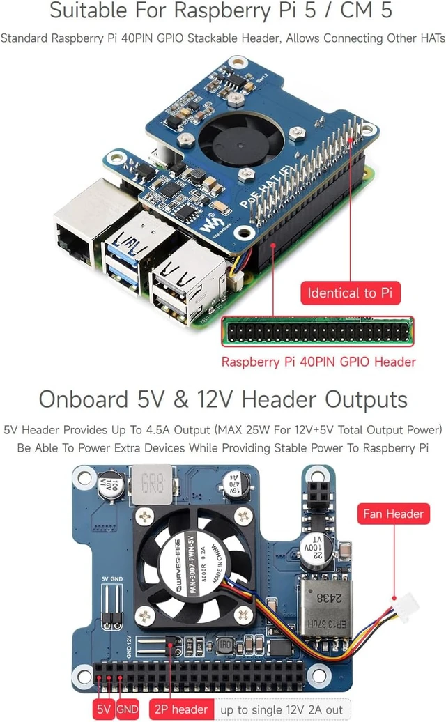 Alt view image 5 of 7 - waveshare 3PCS PoE HAT (F) Compatible with Raspberry Pi 5, High Power, Onboard Cooling Fan, with Metal Heatsink, Supports 802.3af/At Network Standard