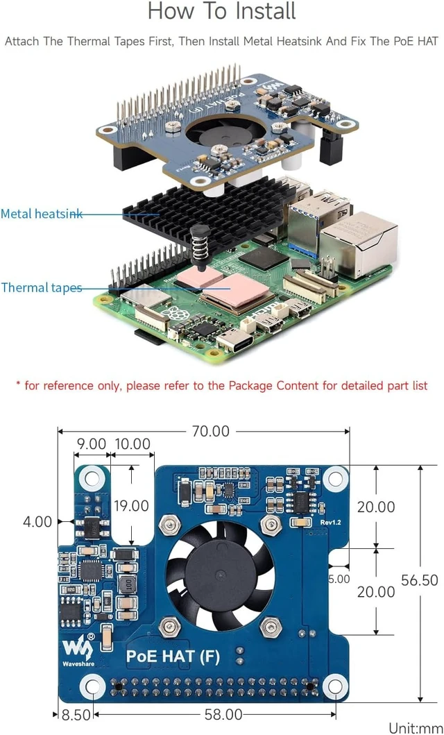 Alt view image 7 of 7 - waveshare 3PCS PoE HAT (F) Compatible with Raspberry Pi 5, High Power, Onboard Cooling Fan, with Metal Heatsink, Supports 802.3af/At Network Standard