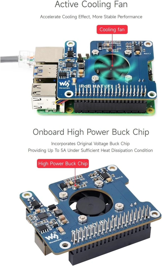 Alt view image 6 of 7 - waveshare 3PCS PoE HAT (F) Compatible with Raspberry Pi 5, High Power, Onboard Cooling Fan, with Metal Heatsink, Supports 802.3af/At Network Standard
