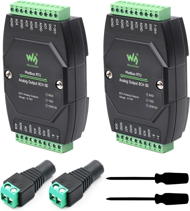 Main image of Waveshare 2PCS Industrial 8-Ch Analog Output Module, 12-Bit DA Conversion, Supports 8-Ch Simultaneous Voltage Output, DC 7~36V Wide Voltage Power Supply, Modbus RTU Protocol, Rail-Mount Support