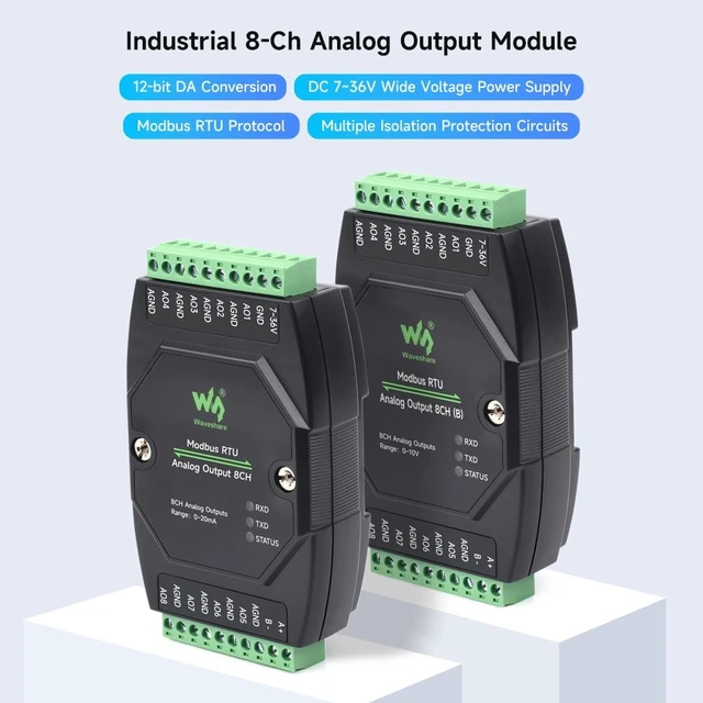 Alt view image 3 of 7 - Waveshare 2PCS Industrial 8-Ch Analog Output Module, 12-Bit DA Conversion, Supports 8-Ch Simultaneous Voltage Output, DC 7~36V Wide Voltage Power Supply, Modbus RTU Protocol, Rail-Mount Support