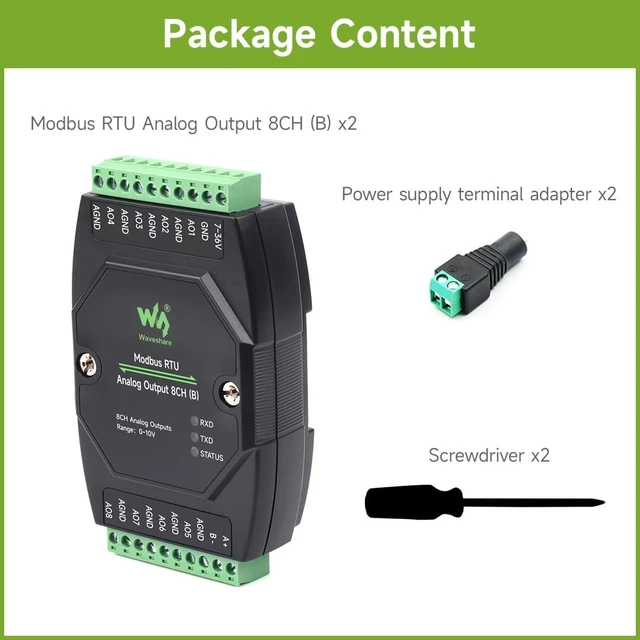 Alt view image 2 of 7 - Waveshare 2PCS Industrial 8-Ch Analog Output Module, 12-Bit DA Conversion, Supports 8-Ch Simultaneous Voltage Output, DC 7~36V Wide Voltage Power Supply, Modbus RTU Protocol, Rail-Mount Support