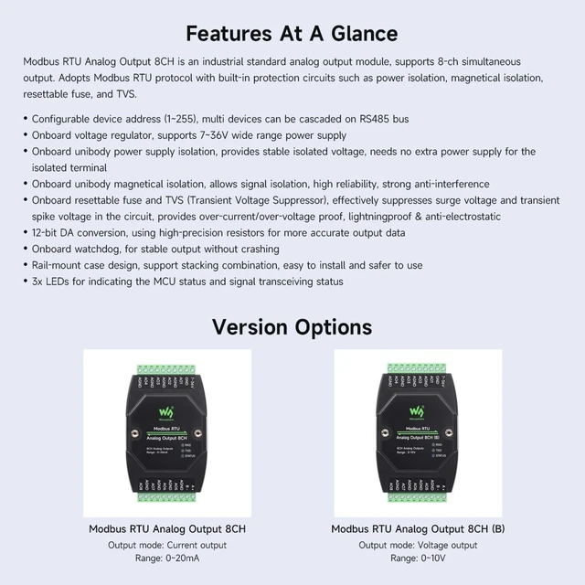 Alt view image 4 of 7 - Waveshare 2PCS Industrial 8-Ch Analog Output Module, 12-Bit DA Conversion, Supports 8-Ch Simultaneous Voltage Output, DC 7~36V Wide Voltage Power Supply, Modbus RTU Protocol, Rail-Mount Support