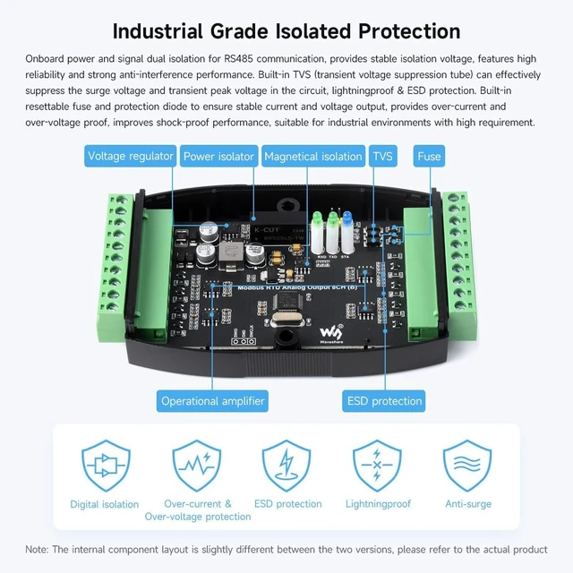 Alt view image 6 of 7 - Waveshare 2PCS Industrial 8-Ch Analog Output Module, 12-Bit DA Conversion, Supports 8-Ch Simultaneous Voltage Output, DC 7~36V Wide Voltage Power Supply, Modbus RTU Protocol, Rail-Mount Support