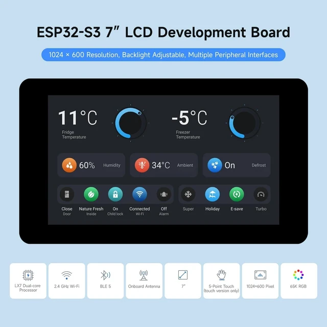 Alt view image 3 of 7 - Waveshare 2PCS ESP32-S3 7inch LCD Development Board, ESP32 with Display, 1024×600, 32-bit LX7 Dual-core Processor, 240MHz Frequency, Wi-Fi & BLE Support, Onboard Antenna, with Touch Function