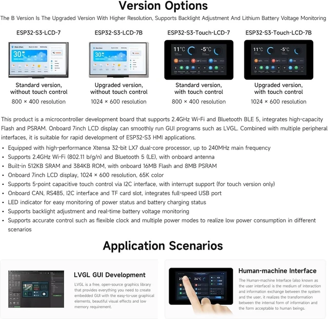 Alt view image 4 of 7 - Waveshare 2PCS ESP32-S3 7inch LCD Development Board, ESP32 with Display, 1024×600, 32-bit LX7 Dual-core Processor, 240MHz Frequency, Wi-Fi & BLE Support, Onboard Antenna, with Touch Function