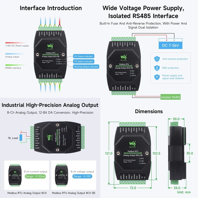 Alt view image 7 of 7 - Waveshare 2PCS Industrial 8-Ch Analog Output Module, 12-Bit DA Conversion, Supports 8-Ch Simultaneous Voltage Output, DC 7~36V Wide Voltage Power Supply, Modbus RTU Protocol, Rail-Mount Support