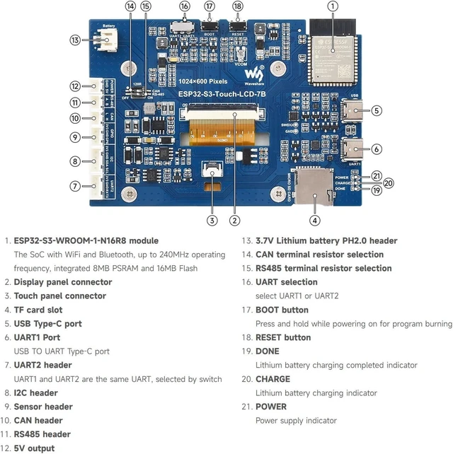 Alt view image 6 of 7 - Waveshare 2PCS ESP32-S3 7inch LCD Development Board, ESP32 with Display, 1024×600, 32-bit LX7 Dual-core Processor, 240MHz Frequency, Wi-Fi & BLE Support, Onboard Antenna, with Touch Function