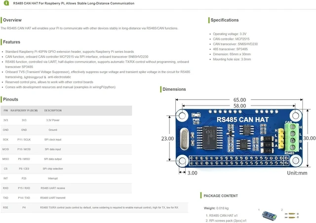 Alt view image 2 of 7 - Waveshare 2PCS RS485 CAN HAT, Compatible with Raspberry Pi 5/4B/3B/Zero/Zero W/Zero 2W/Pico/Pico W/Pico WH, Allowing Stable Long-Distance RS485/CAN Communication