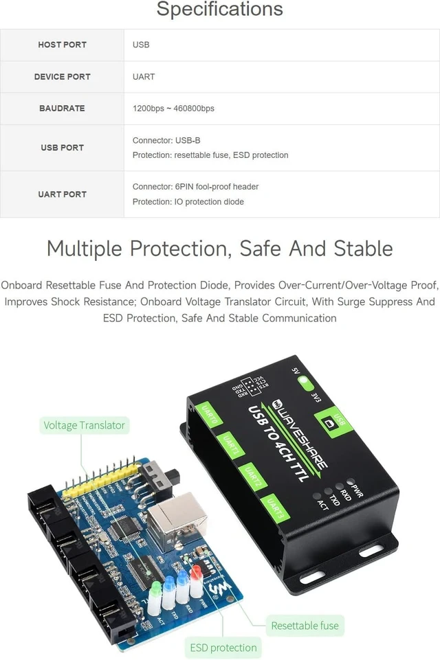 Alt view image 4 of 7 - Waveshare 2PCS Industrial USB to 4CH TTL Converter USB to UART with Multi Protection Circuits Multi Systems Support
