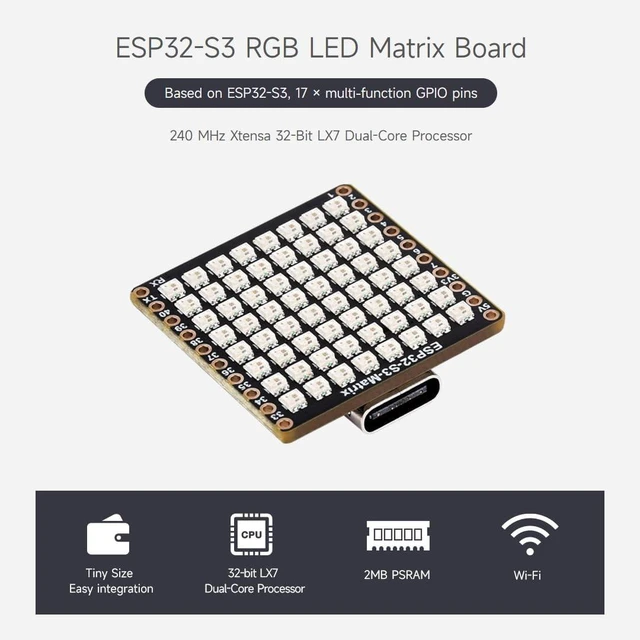 Alt view image 3 of 7 - Waveshare 2PCS ESP32-S3-Matrix Development Board, Onboard 8×8 RGB LED Matrix and QMI8658C Attitude Sensor, Supports Wi-Fi and BLE, ESP32 Development Board