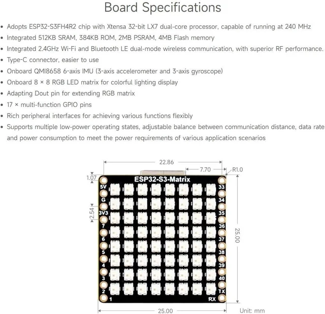 Alt view image 4 of 7 - Waveshare 2PCS ESP32-S3-Matrix Development Board, Onboard 8×8 RGB LED Matrix and QMI8658C Attitude Sensor, Supports Wi-Fi and BLE, ESP32 Development Board