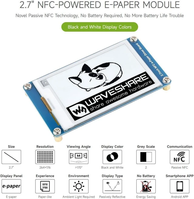 Alt view image 3 of 7 - waveshare 2.7inch Passive-Powered E-Paper Module, Novel Passive NFC Technology, No Battery Required, No More Battery Life Trouble, Black and White Display Colors