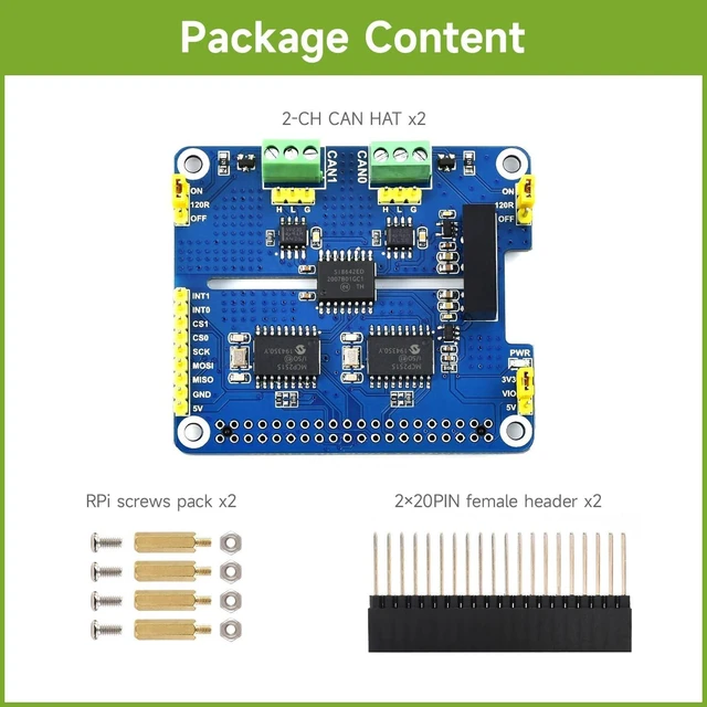 Alt view image 2 of 7 - Waveshare 2PCS 2-Channel Isolated CAN Bus Expansion HAT, Compatible with Raspberry Pi 5/4B/3B/Zero/Zero W/Zero 2W/Pico/Pico W/Pico WH, MCP2515 + SN65HVD230 Dual Chips, Multi Protection Circuits