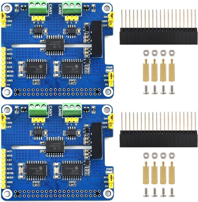 Main image of Waveshare 2PCS 2-Channel Isolated CAN Bus Expansion HAT, Compatible with Raspberry Pi 5/4B/3B/Zero/Zero W/Zero 2W/Pico/Pico W/Pico WH, MCP2515 + SN65HVD230 Dual Chips, Multi Protection Circuits