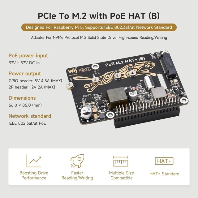 Alt view image 3 of 7 - Waveshare 2PCS PCIe to M.2 Adapter with PoE Function HAT+ (B), Compatible with Raspberry Pi 5, Supports POE NVMe Drive Protocol 2230/2242/2260/2280 M.2 Solid State Drive, High-Speed Reading/Writing
