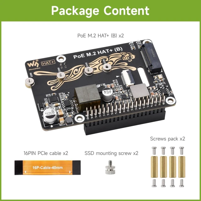Alt view image 2 of 7 - Waveshare 2PCS PCIe to M.2 Adapter with PoE Function HAT+ (B), Compatible with Raspberry Pi 5, Supports POE NVMe Drive Protocol 2230/2242/2260/2280 M.2 Solid State Drive, High-Speed Reading/Writing