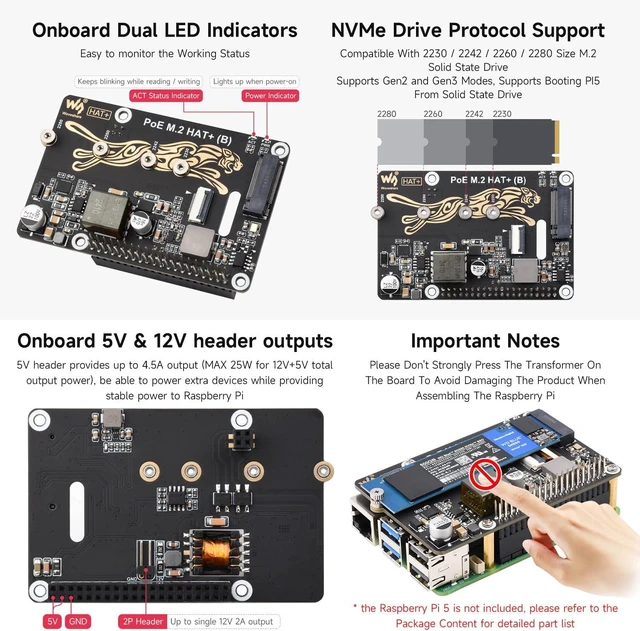 Alt view image 7 of 7 - Waveshare 2PCS PCIe to M.2 Adapter with PoE Function HAT+ (B), Compatible with Raspberry Pi 5, Supports POE NVMe Drive Protocol 2230/2242/2260/2280 M.2 Solid State Drive, High-Speed Reading/Writing