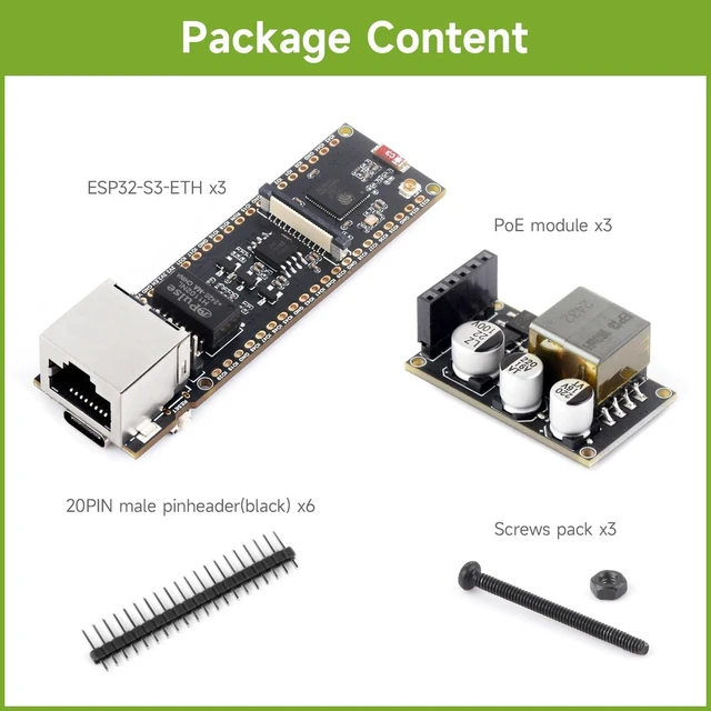 Alt view image 2 of 7 - Waveshare 3PCS ESP32-S3 ETH Development Board, 10/100Mbps RJ45 Ethernet Port, Wi-Fi & BT Support, 240MHz Dual Core Processor, Onboard Type-C Port and TF Card Slot, PoE Module