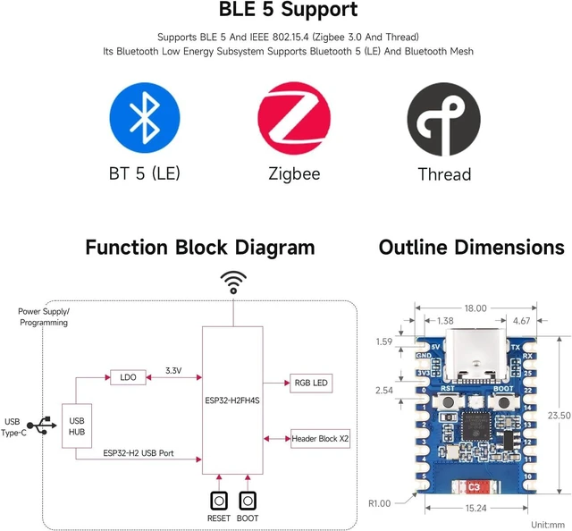 Alt view image 5 of 6 - Waveshare ESP32-H2 Mini Development Board(3pcs), Onboard ESP32-H2FH4S with 96MHz Processor, Built-in 4MB Flash, Supports BLE/Zigbee/Thread Wireless Communication, Without Pre-soldered Header