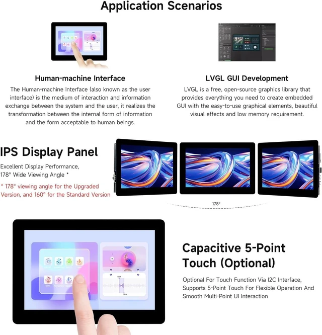 Alt view image 5 of 7 - Waveshare ESP32-S3 5inch Display Development Board, 800×480, 32-Bit LX7 Dual-Core Processor, Up to 240MHz Frequency, Supports WiFi & Bluetooth, with Onboard Antenna, No Touch
