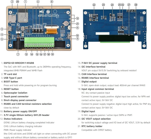 Alt view image 7 of 7 - Waveshare ESP32-S3 5inch Display Development Board, 800×480, 32-Bit LX7 Dual-Core Processor, Up to 240MHz Frequency, Supports WiFi & Bluetooth, with Onboard Antenna, No Touch