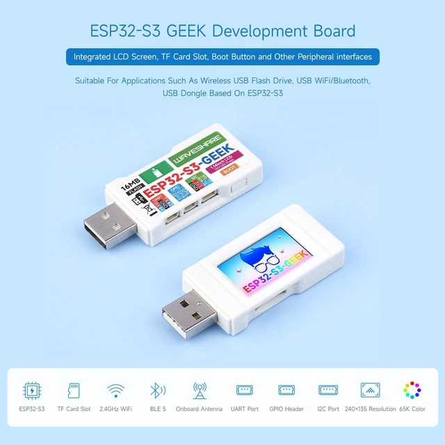 Alt view image 3 of 7 - Waveshare ESP32-GEEK Development Board, Based On ESP32-S3R2 Controller Chip, with 1.14inch 65K Color LCD, Supports WiFi & Bluetooth LE, USB-A Male Port, with White Plastic Case